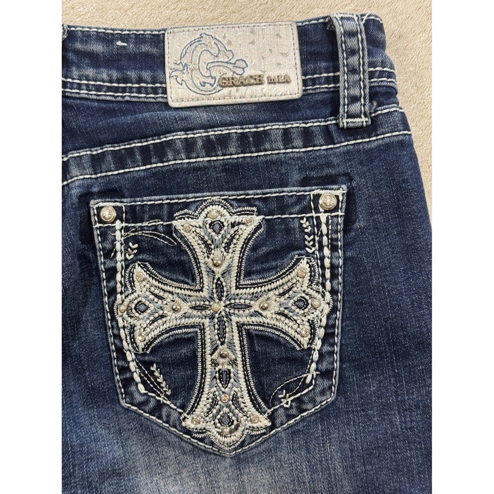 Grace in LA Womens Bootcut‎ Cross Embroidered Dark Wash Jeans 28 Meas: 30x33